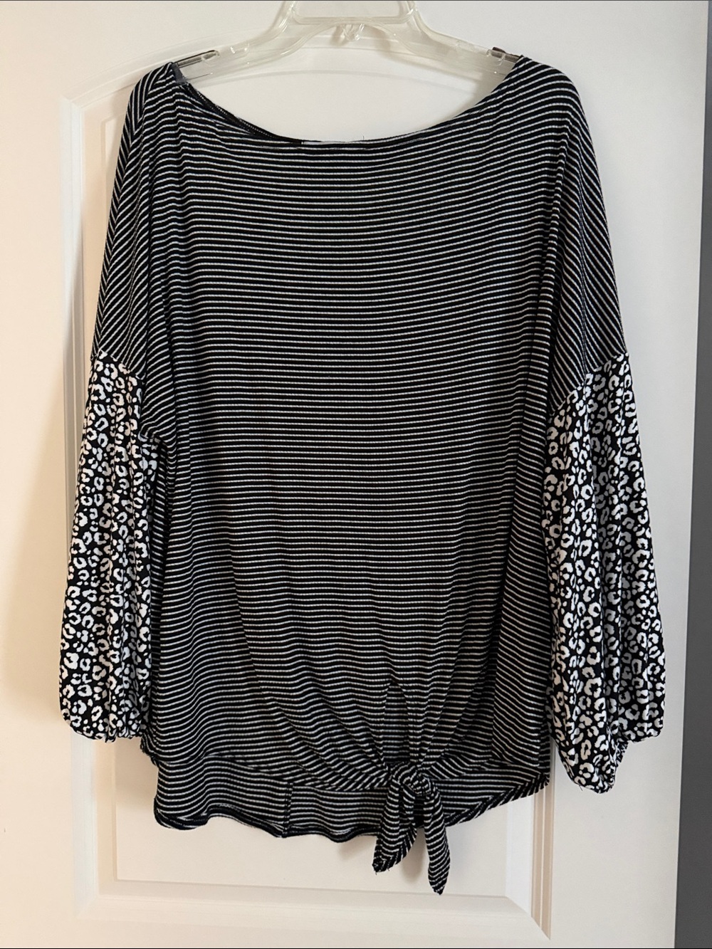 white birch Black & White Striped Tie-Hem Top with Printed Balloon Sleeves